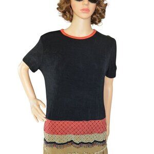 Vintage Softwear Petites By Mark Singer Black Blouse Beaded Fringe Womens Small